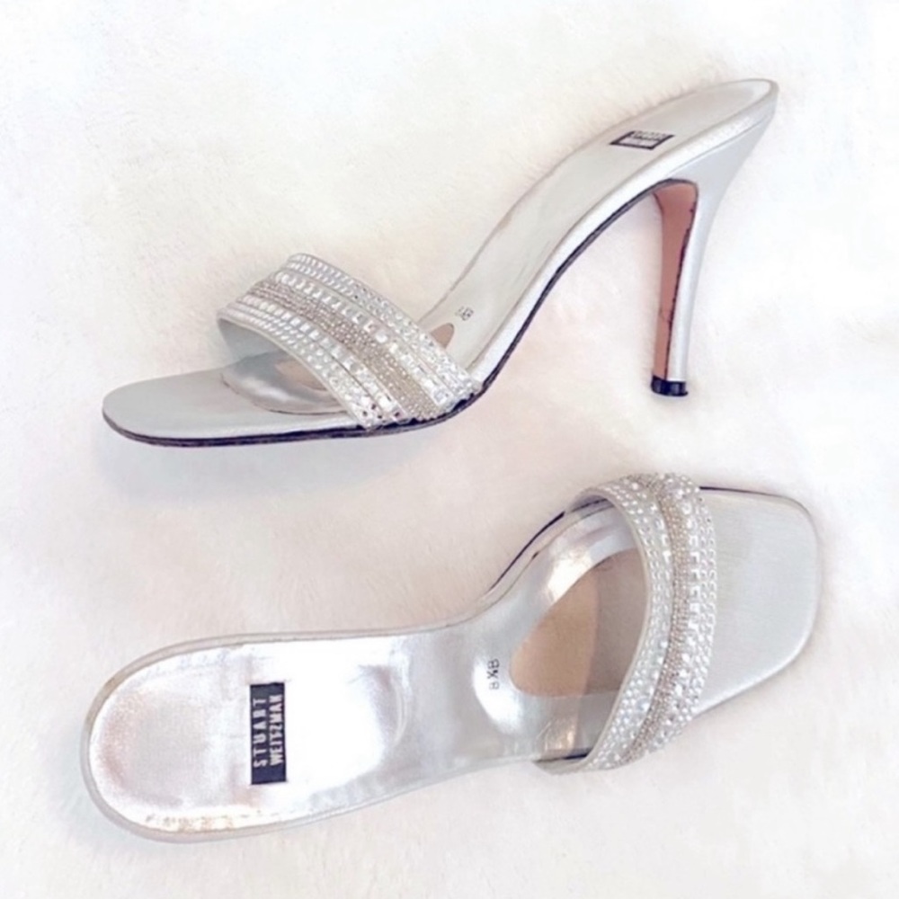 Stuart Weitzman Silver One Strap Beaded Slide on Heels size women's 8.5